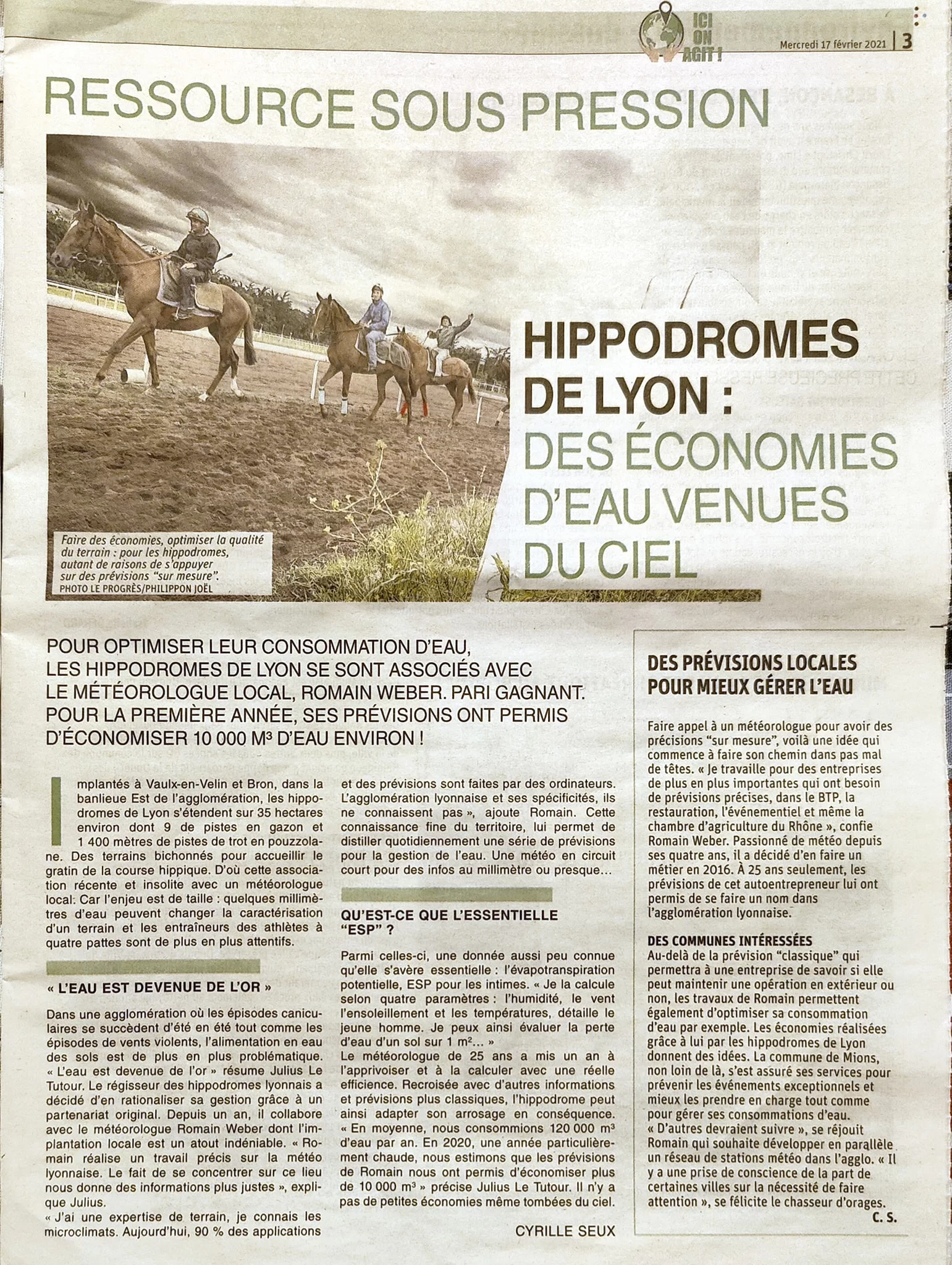 Article du Progrès sur le partenariat et la gestion de l’eau avec les Hippodromes de Lyon.